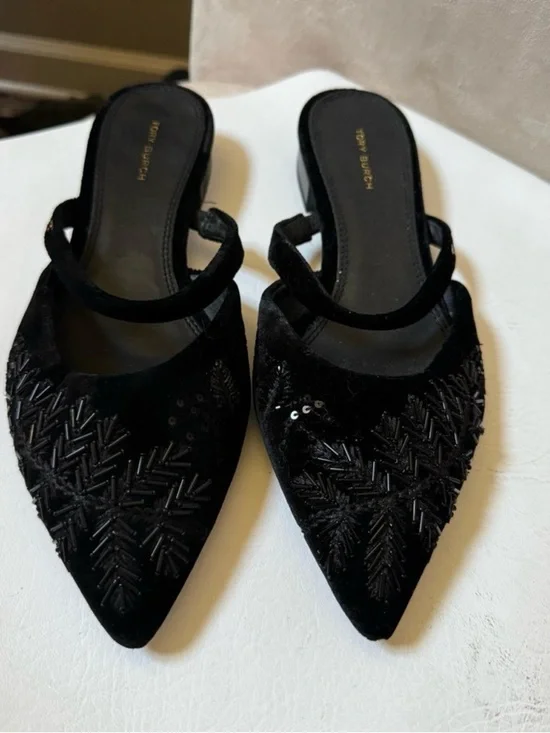 Tory Burch Black Velvet Pointed-Toe Beaded Mules - Picture 2 of 10